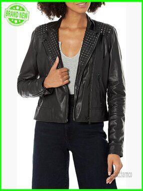 Fitted Leather Moto Jacket with Studs, Long Sleeve, Dry Clean Only